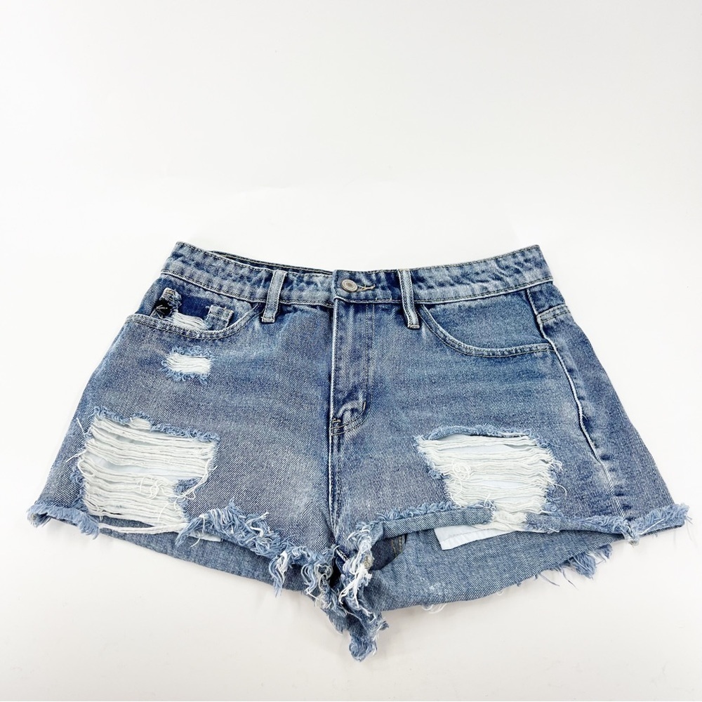 ✅ KanCan Blue Denim Distressed High Rise Festival Jean Shorts Women Size Medium
